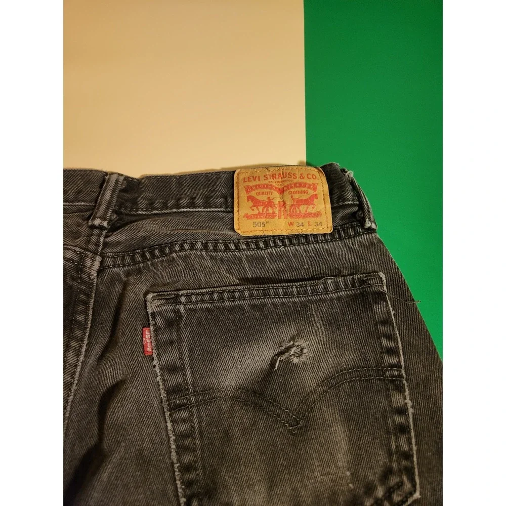 Levi's 505 Regular Fit Jeans Mens 34x34 Washed Black Straight Leg Distress Denim